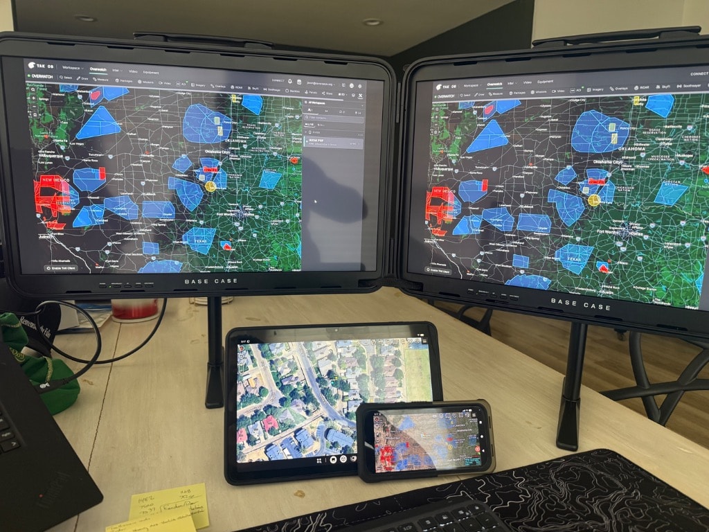 TAKOS / ATAK interface — dual monitor TAK DB Overwatch command display