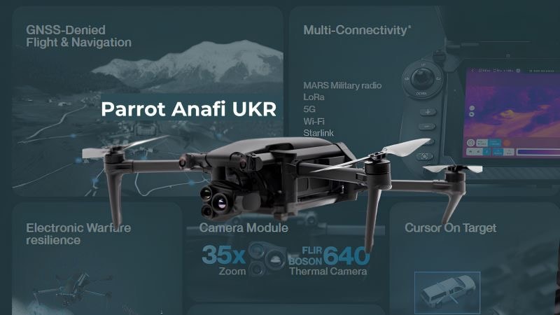 Parrot Anafi UKR — GNSS-Denied flight, FLIR Boson 640 thermal, multi-connectivity